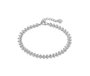 Close-up of a silver wheat-shaped bracelet with lobster clasp and adjustable extension chain