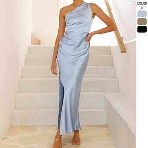 Vestido Largo De Satén De Un Hombro Sin Mangas Con Pliegues Abertura Lateral Espalda Descubierta Elegante Fiesta