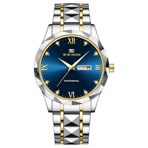 Men's two-tone stainless steel quartz watch with blue dial and day-date display