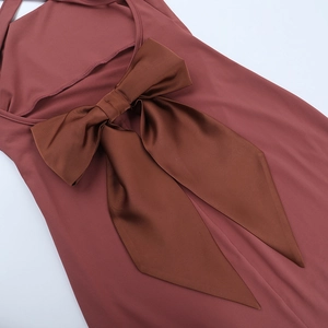Détail d'une élégante robe dos nu avec un grand nœud en satin de couleur rouge brique