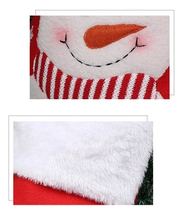 Detail of plush Christmas stocking with snowman embroidery and soft fleece texture