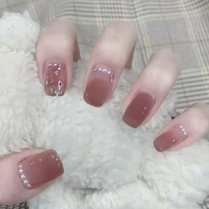 Short Square Round Press On Nails Artificial Pearl Rhinestone Glitter Gradient Wine Red Full Cover Wearable Artificial Fingernails