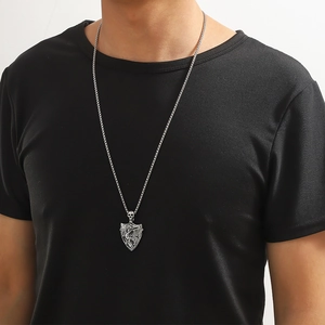 Détail d'un collier en acier inoxydable argenté avec pendentif bouclier dragon et crâne