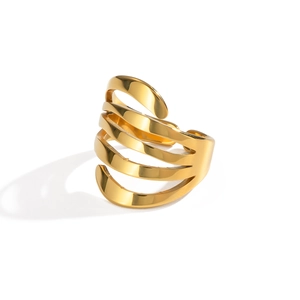 Detail of 18k gold plated multi-layer wave cross ring with mirror-finish stainless steel