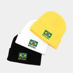 Knit Beanie Hat Acrylic Winter Warm Brazil Flag Embroidery Brasil Letter Cuffed Ribbed Cap For Men Women Casual