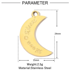 Detail of gold stainless steel moon pendant with Kissed Moon engraving and 24mm height info