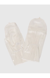 Close-up of white 100% mulberry silk sun sleeves with elastic cuffs and finger loops