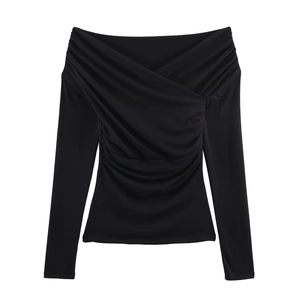Women's black off-shoulder long sleeve top with stylish ruching and cross-wrap collar