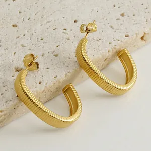 C-Shaped Hoop Earrings Stainless Steel 18K Gold Plated Ribbed Textured Minimalist Fashion Jewelry For Women