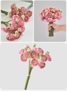 Detailed views of realistic pink and white ranunculus bridal bouquet from various angles