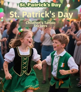 Kids wearing St. Patrick's Day shamrock and Irish flag temporary tattoo stickers