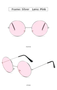 Front and 45-degree side views of vintage round metal sunglasses with pink lenses