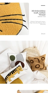 Detail of high-density cotton cushion with 3D tiger and geometric towel embroidery