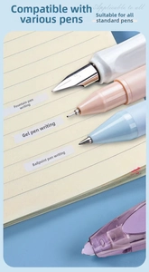 Detail of purple correction tape demonstrating smooth coverage on various pen types