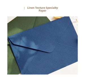 Close-up of premium linen-textured special paper envelopes in navy blue and dark green