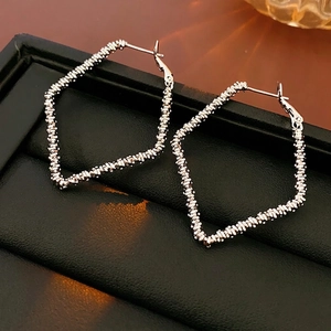 Diamond Shaped Geometric Hoop Earrings With Silver Earring Post Textured Copper Metal Minimalist Fashion Jewelry For Women