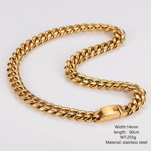 Detail der 14mm Gold-Edelstahl-Panzerkette mit Abmessungen und schwerer Textur