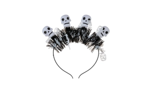 Detail of Halloween headband with white skulls and silver tinsel on black frame
