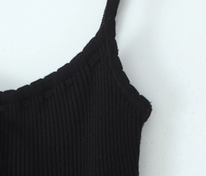 Détail rapproché du tissu en maille côtelée noire et des coutures de la bandoulière