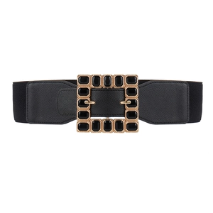Women's 6cm wide black elastic belt featuring a large square gold buckle with black stones