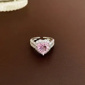 Pink heart-shaped zircon flower ring in S925 silver with elegant open-end design
