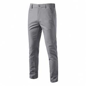 Detail view of light gray cotton linen straight-leg trousers with 3D mannequin fit display