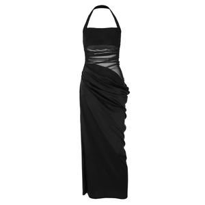 Vue détaillée d'une robe dos nu noire avec finition satinée et empiècement en tulle