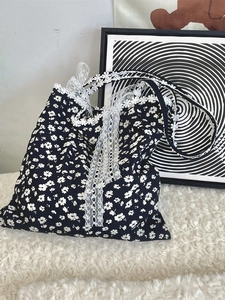 Floral canvas tote bag with white lace trim and bow in dark blue for casual daily style