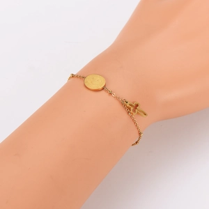 Vintage gold stainless steel chain bracelet with St. Benedict coin and cross pendants