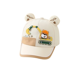 Cute beige baby baseball cap with 3D excavator, bear patch and 3D decorative ears