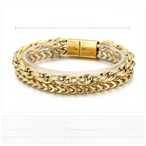 Detail view of gold double-layer stainless steel bracelet with magnetic clasp and dimensions