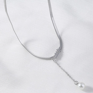 Silver leaf tassel necklace with pearl pendant and snake chain for women