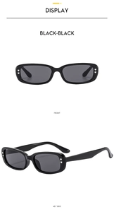 Front and 45-degree views of black rectangular sunglasses with silver heart rivets