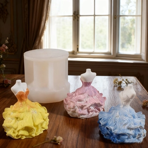 3D ball gown silicone mold for DIY wedding dress candles and gypsum crafts on wood table