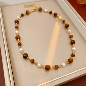 Vintage Tiger Eye Stone And Faux Artificial Pearl Beaded Necklace Retro Elegant Choker For Women Titanium Steel Gold Tone Spacers