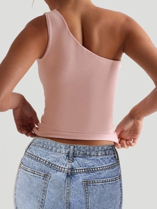 Rosa One-Shoulder-Yoga-Weste für Damen in einer professionellen Rückansicht