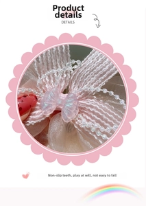 Detailed macro view of pink chiffon hair clip featuring anti-slip teeth and pearls