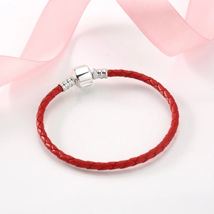 Red braided leather bracelet with S925 sterling silver clasp on a white background