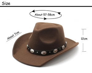 Close-up of brown western felt hat with metal stud leather band and size specifications