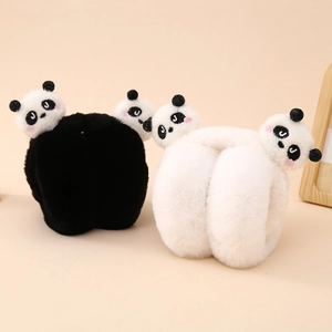 Cute panda plush earmuffs for kids in black and beige, foldable winter warm ear warmers