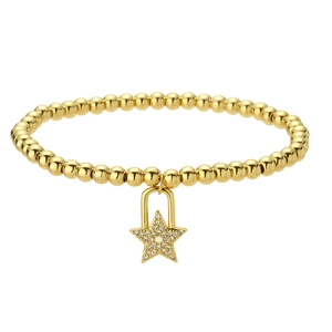 Detail of gold beaded bracelet featuring a sparkling rhinestone star padlock charm