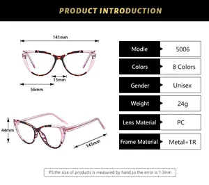 Tabella taglie dettagliata per occhiali cat-eye TR90 con misure della montatura