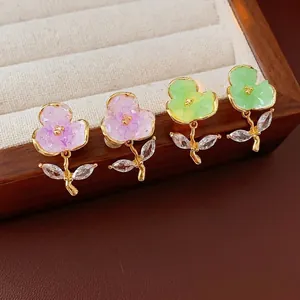 Crystal Flower Stud Earrings Zircon Leaf Elegant Jewelry Women Gold Plated With Silver Earring Post