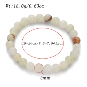 Detailed macro view showing 8mm natural stone beads and precise dimensions of the bracelet