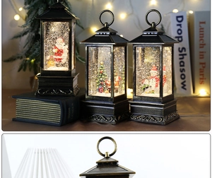 Retro Christmas lanterns featuring Santa, snowman, and tree with glowing glitter effects