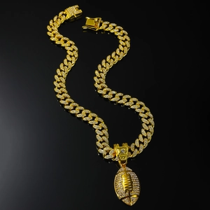 Hip hop gold Cuban chain necklace with a sparkling iced-out American football pendant