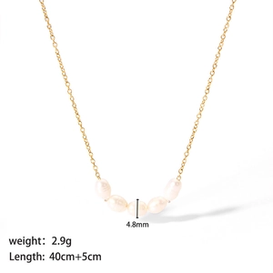 Detail showing 4.8mm freshwater pearls on 18K gold plated chain with length dimensions