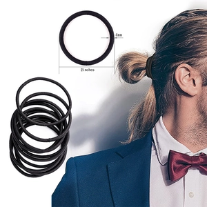 Black elastic 4mm hair ties shown with 2-inch diameter size and on model ponytail