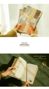 Detail of A5 vintage diary featuring retro stamp illustrations and premium sewn binding
