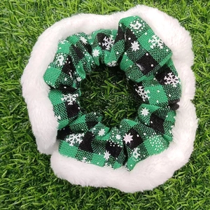 Christmas green plaid scrunchie with snowflake reindeer patterns and white fur trim edge